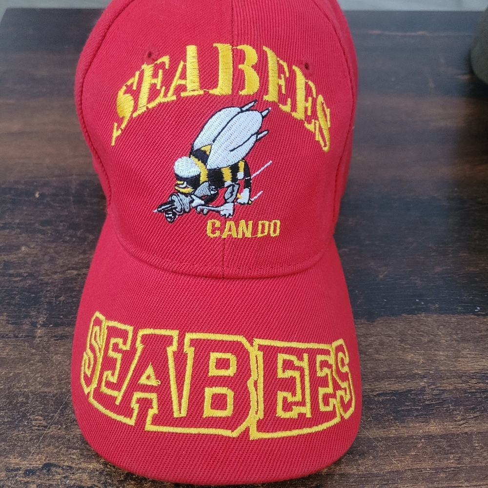 Bright Red Seabees Can Do Embroidered Hat Cap Adjustable